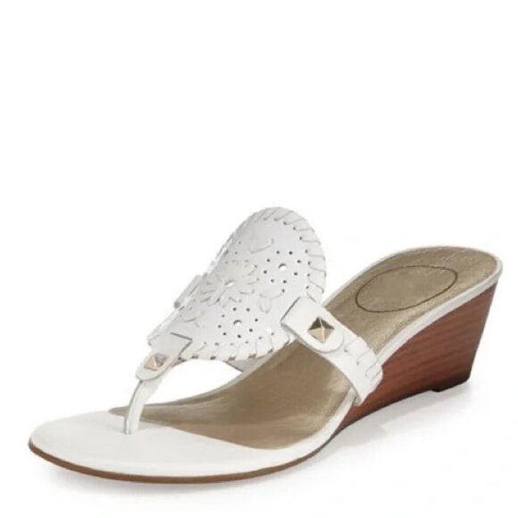 Jack Rogers Devyn Demi Wedge Sandal White Patent Leather Medallion Thong size 8 - Picture 2 of 10